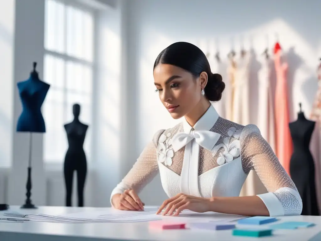 Modista creativa diseñando mini haute couture con confianza Una diseñadora de moda petite crea con confianza en su estudio soleado, rodeada de telas y maniquíes, reflejando colaboraciones de moda tallas petite