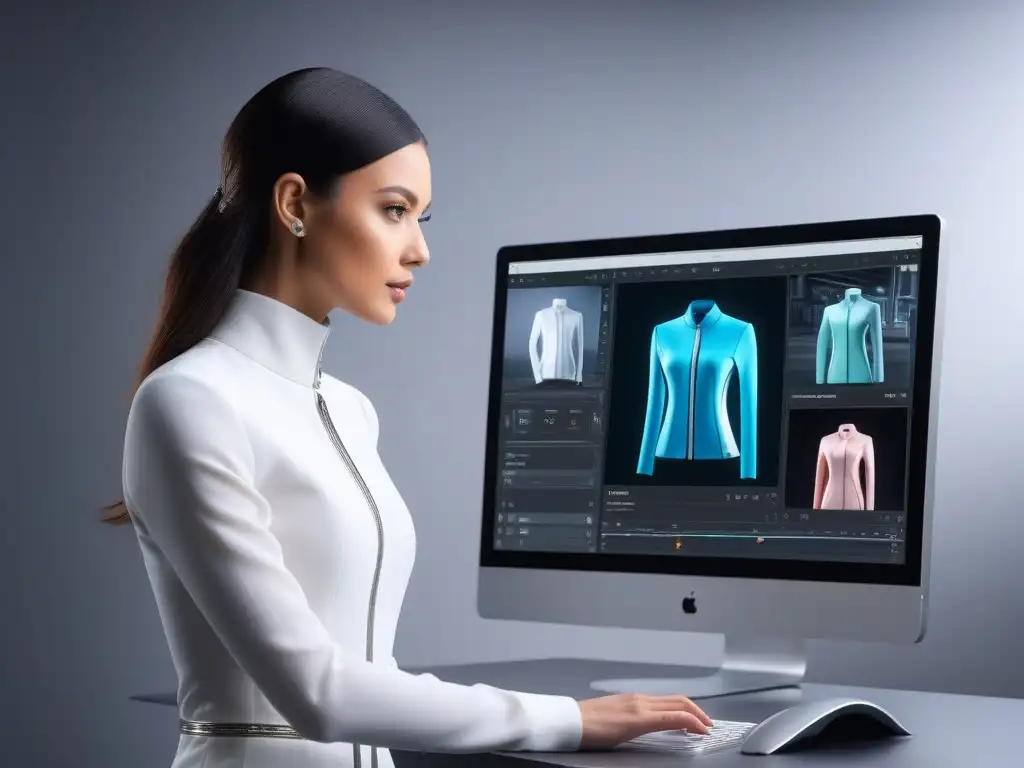 Diseñadora de moda creando en 3D con tecnología innovadora Una diseñadora de moda manipula con creatividad un diseño de moda personalizado en un software 3D de vanguardia