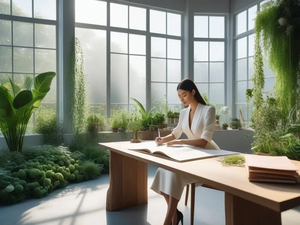 Diseñadora de moda ecoconsciente creando un vestido sostenible en un atelier luminoso y ecológico Diseñadora de moda ecoconsciente esboza un vestido sostenible en su taller luminoso, rodeada de materiales reciclados y plantas exuberantes