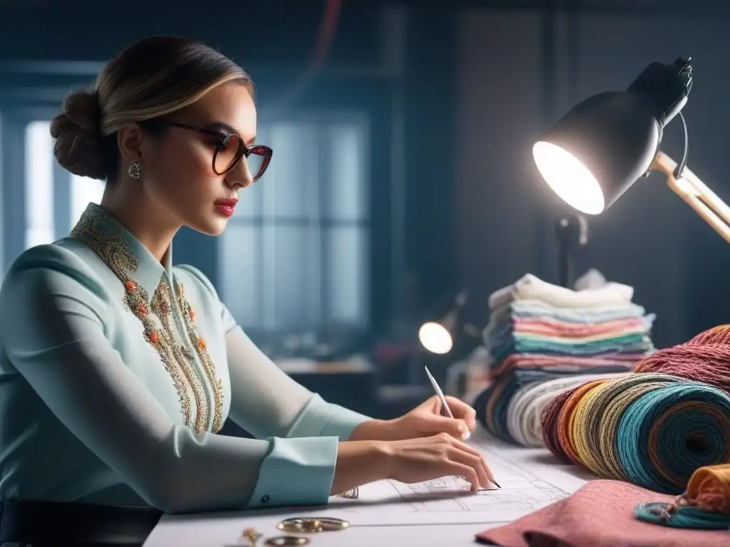 Diseñadora de moda creando obra maestra en estudio moderno Una diseñadora de moda petite confeccionando un atuendo a medida, rodeada de telas coloridas y bocetos