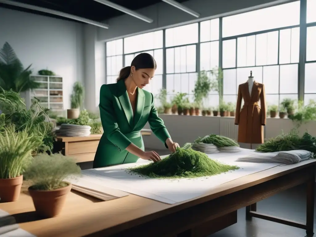 Diseñador de moda sostenible creando con pasión en atelier luminoso La diseñadora de moda crea una prenda sostenible, rodeada de materiales ecofriendly y plantas verdes, en un taller luminoso