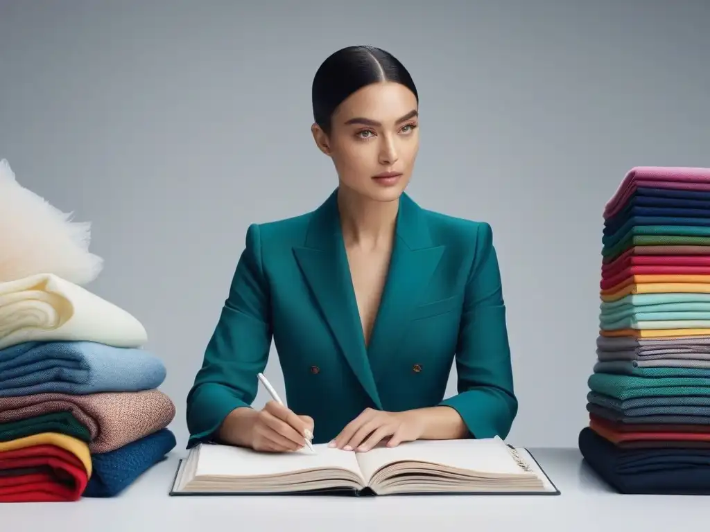 Diseñadora de moda sostenible creando con pasión en su estudio eco-friendly Diseñadora de moda sostenible con Certificación Climate Neutral en su estudio luminoso, rodeada de telas ecofriendly y bocetos innovadores