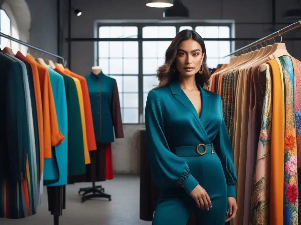 Diseñadora de moda eco en atelier minimalista Una diseñadora de moda sostenible y creativa trabaja en su taller, rodeada de telas recicladas y prendas elegantes en un ambiente luminoso y artístico