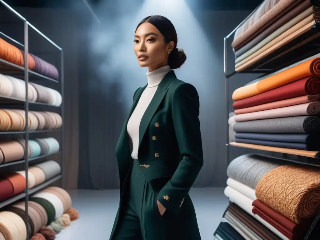 Diseñador de moda sostenible: pasión por la creatividad eco Diseñadora de moda sostenible examina telas bajo luces brillantes, rodeada de textiles ecofriendly y mood board