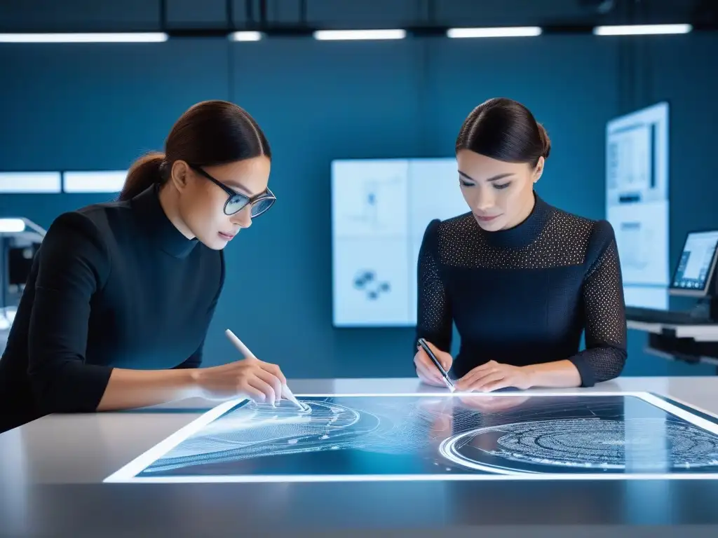 Diseñadora y tecnólogo textil crean moda innovadora en estudio futurista Una diseñadora de moda y un tecnólogo textil colaboran en un estudio futurista