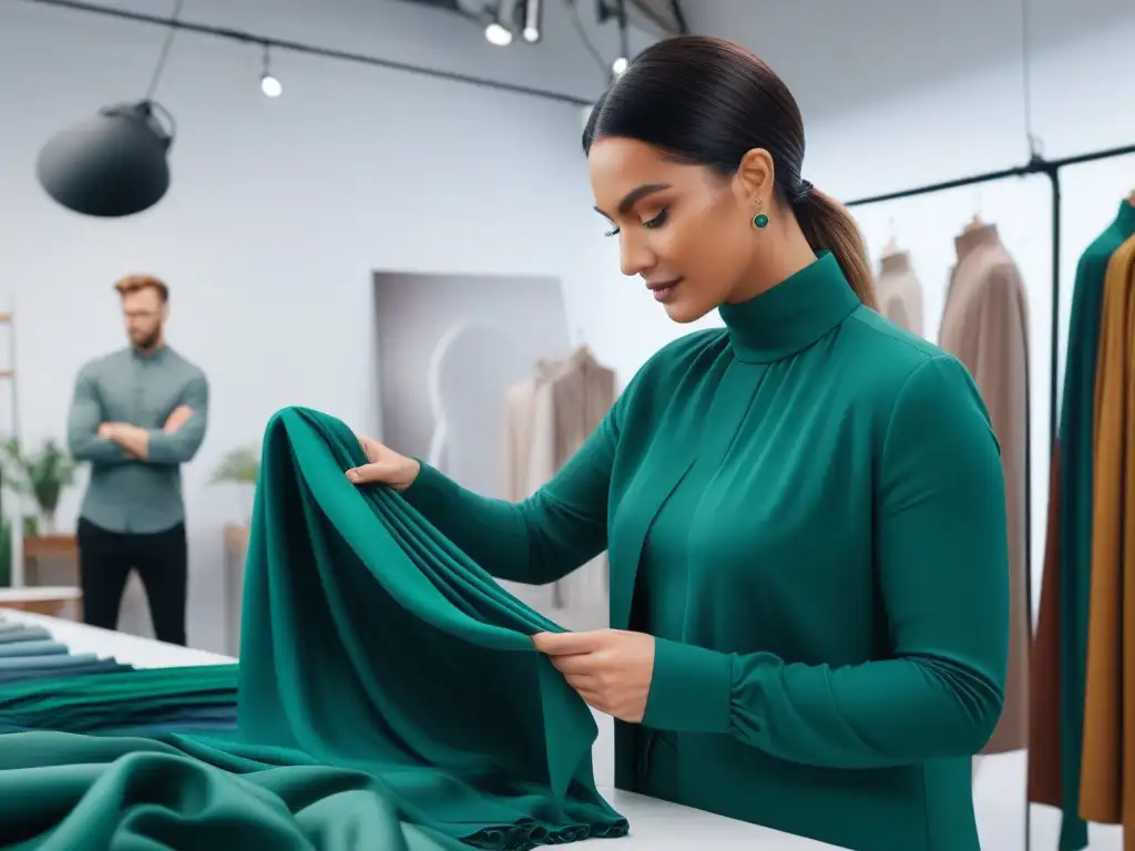 Diseñadora de moda sostenible en estudio moderno Una diseñadora de moda examina telas sostenibles en su estudio moderno, iluminado por luz natural