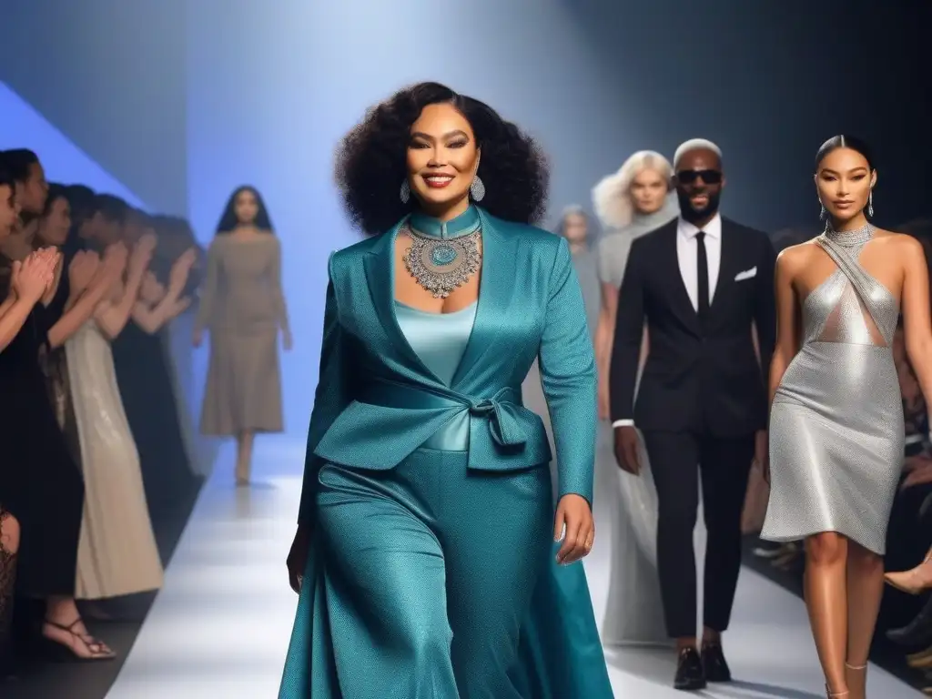 Desfile de moda inclusivo: diversidad de modelos y espectadores aplaudiendo Diseñadores inclusivos presentan impactante desfile de moda con diversidad de modelos en una pasarela futurista