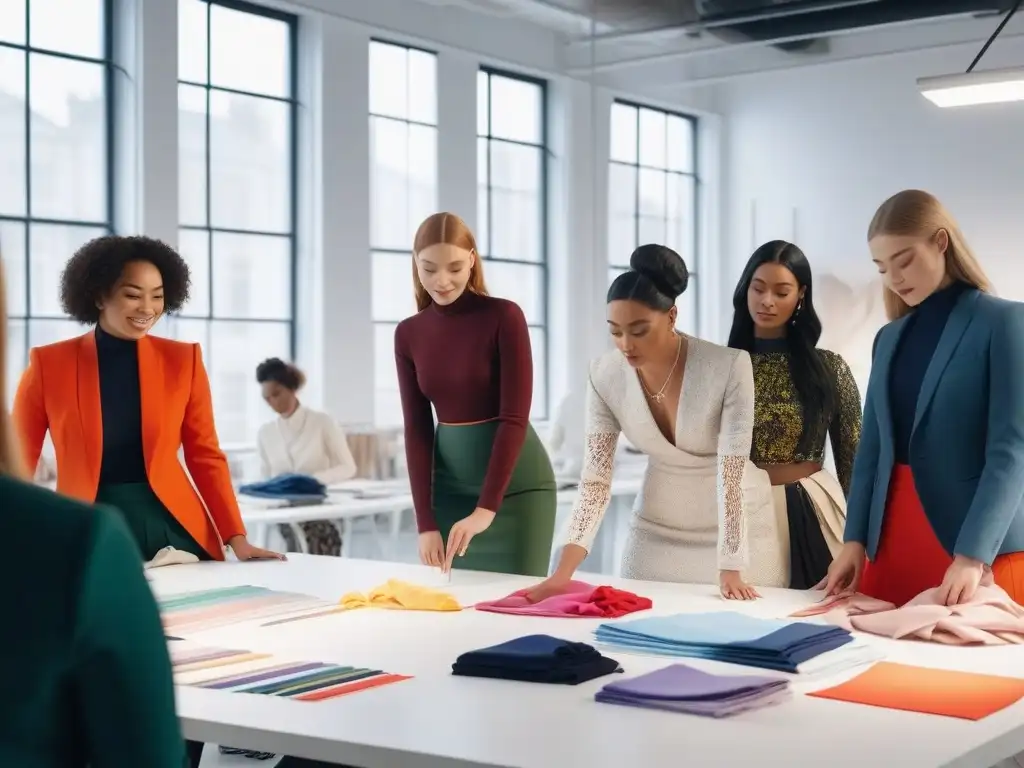 Diseñadores de moda innovadores colaborando en estudio creativo Diseñadores inclusivos en la moda: Estudiantes crean juntos en un estudio creativo y luminoso, con diversidad de cuerpos y entusiasmo