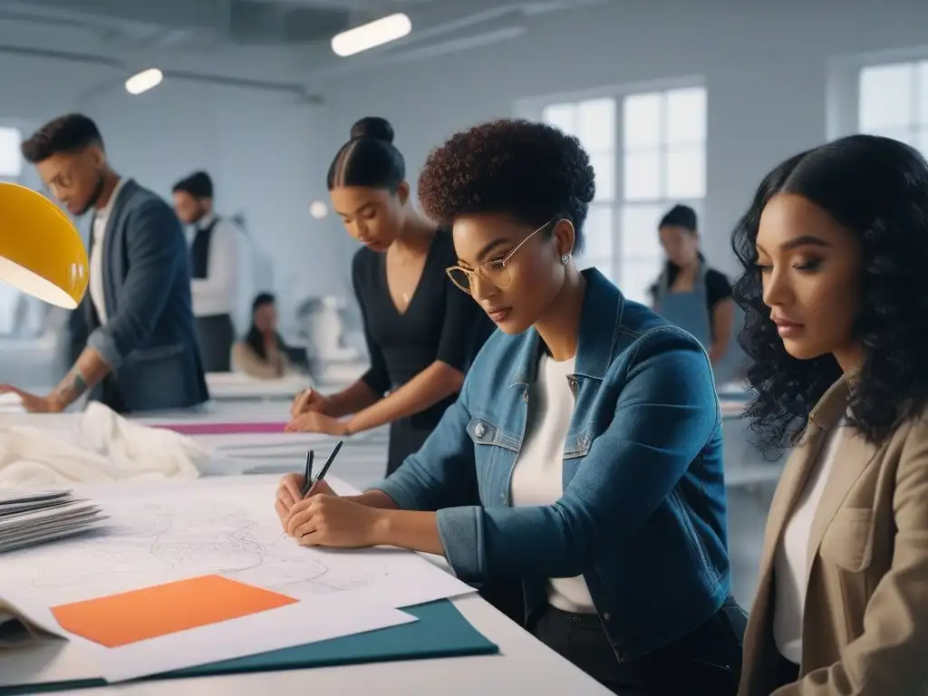 Estudio de moda inclusivo: creatividad y colaboración Diseñadores inclusivos en la moda colaborando creativamente en un estudio moderno y luminoso, lleno de color y diversidad