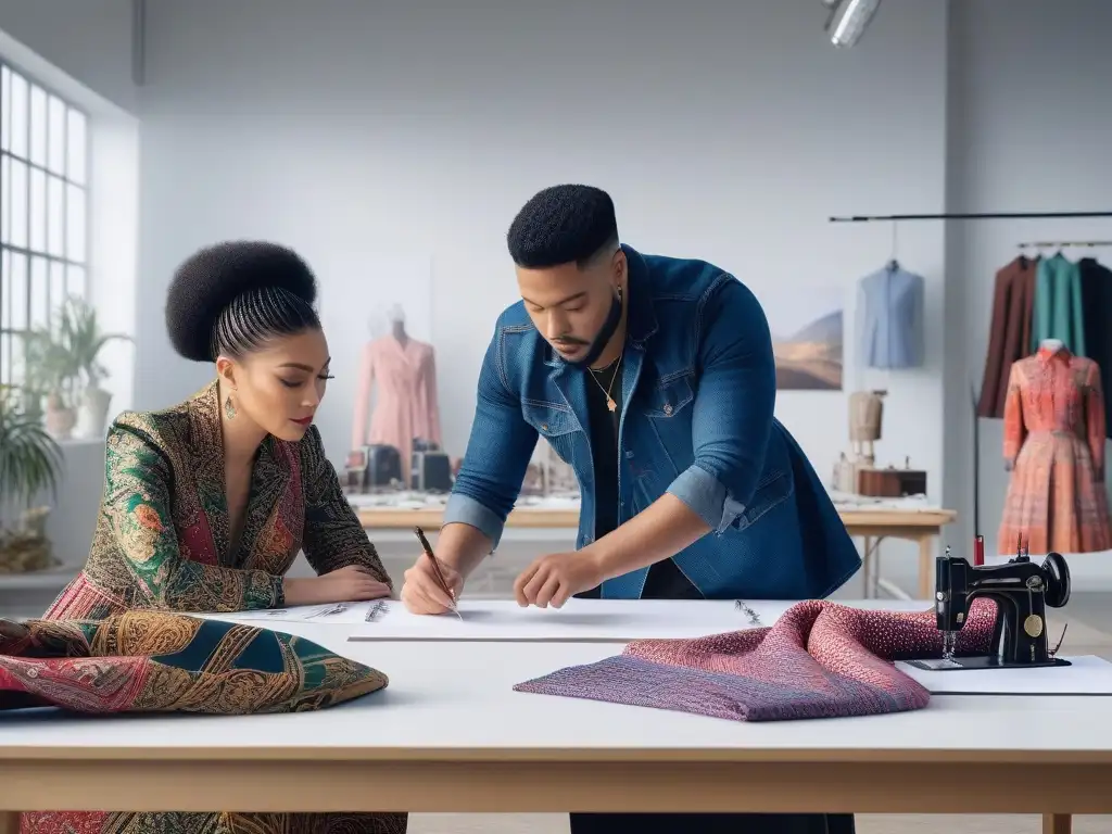 Diseñadores de moda creativos e inclusivos en estudio soleado Diseñadores innovadores moda diversa colaboran creativamente en estudio soleado, lleno de telas y máquinas de coser