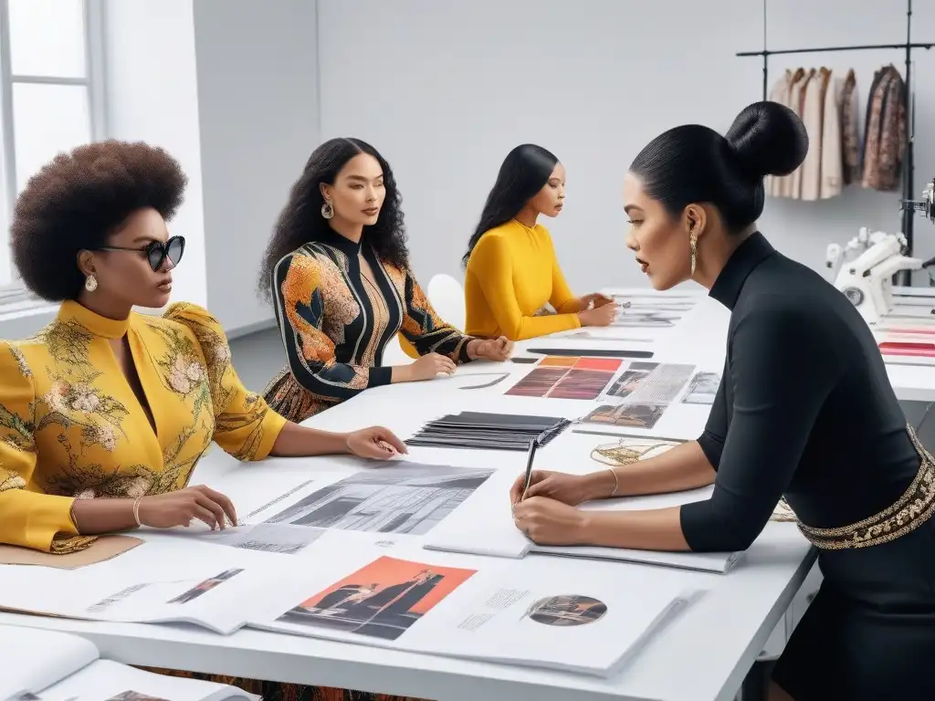 Diseñadores de moda diversos crean colección inclusiva Diversos diseñadores de moda colaboran apasionadamente en una colección inclusiva, reflejando creatividad y unidad