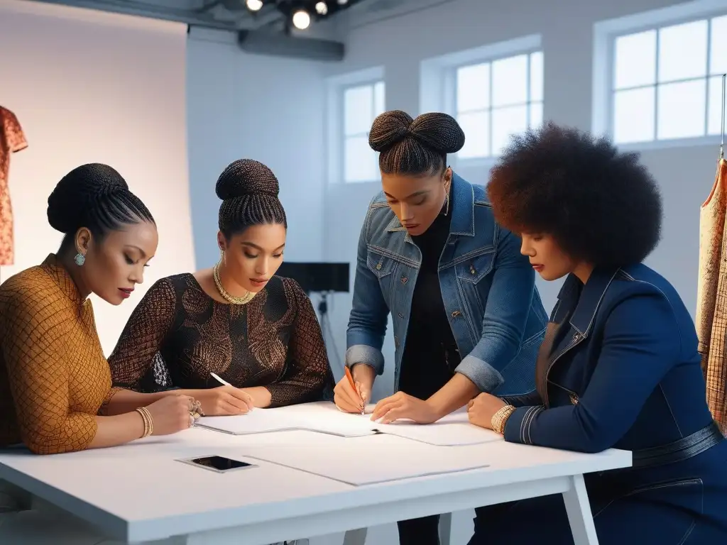 Diseñadores de moda creativos colaborando en estudio inclusivo Diseñadores de moda de diversas culturas colaboran en un estudio moderno y colorido, mostrando tendencias moda inclusiva inversión