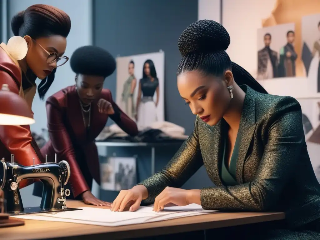 Equipo creativo de diseñadores de moda: diversidad e innovación Diseñadores de moda diversos colaborando con entusiasmo en un estudio moderno, reflejando inclusividad y creatividad en la moda