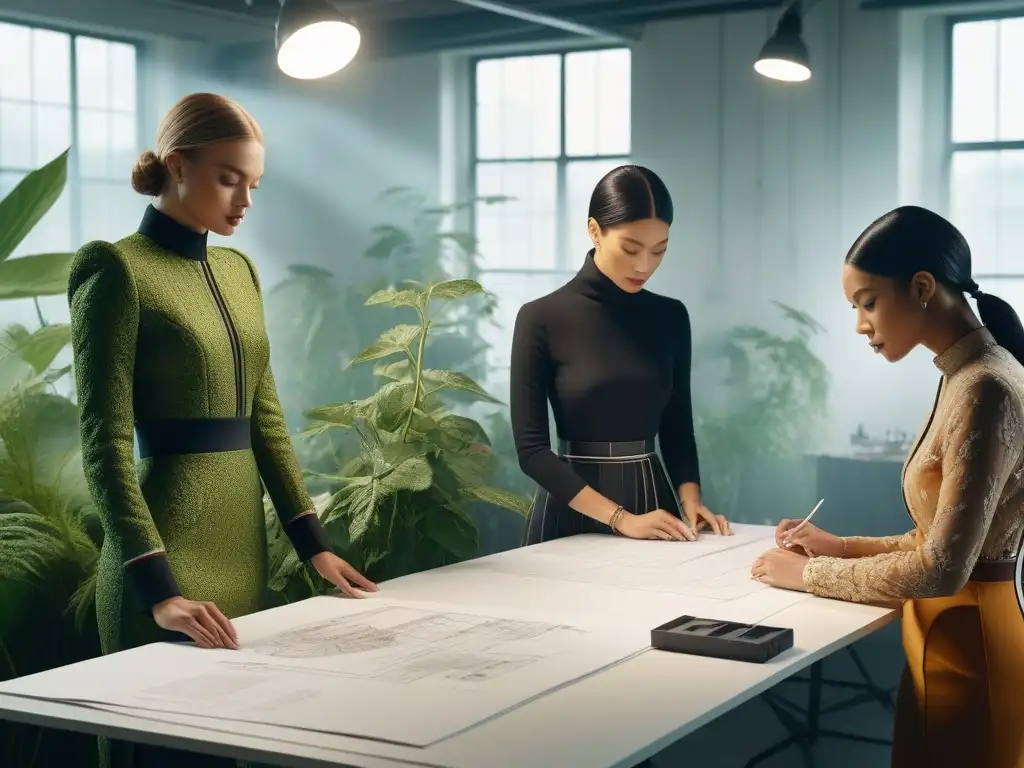 Diversos diseñadores de moda colaboran apasionadamente en un estudio contemporáneo, fusionando enfoques culturales moda sostenible