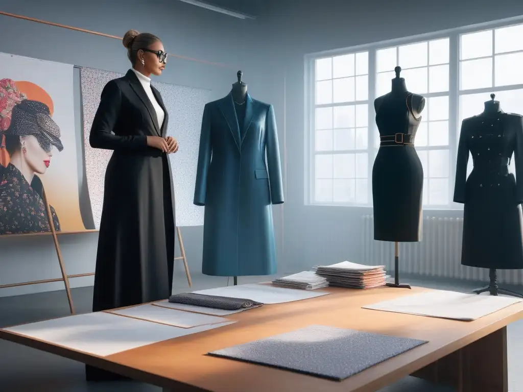 Diseñadores de moda creativos en atelier luminoso Dos diseñadores de moda en un estudio luminoso, rodeados de telas y maniquíes, discuten ideas para su colección