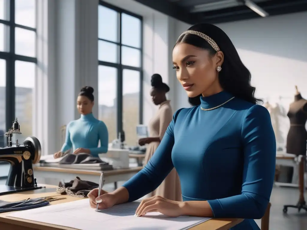 Diseñadores de moda colaborando en estudio luminoso con telas coloridas y equipo de costura