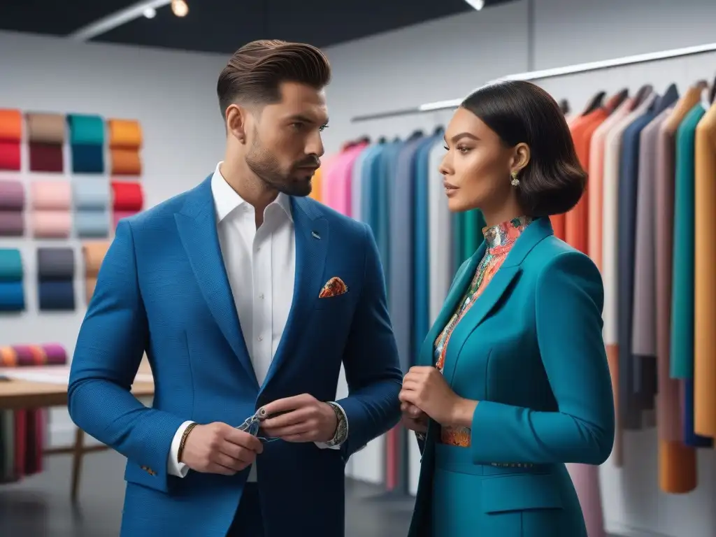 Dos diseñadores de moda creativos y colaborativos en su estudio Dos diseñadores de moda en un estudio luminoso, rodeados de telas y bocetos, discuten animadamente