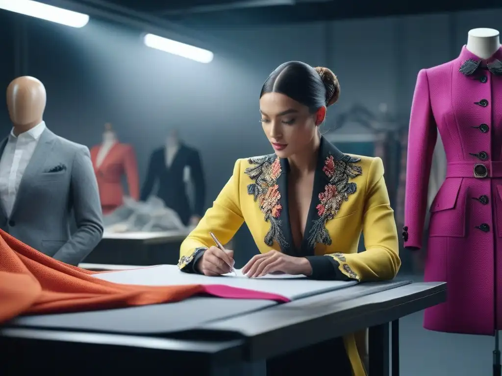 Diseñadores de moda creativos en estudio moderno Diseñadores de moda colaboran en estudio moderno con telas coloridas y tecnología de vanguardia, representando colaboraciones de nicho en moda