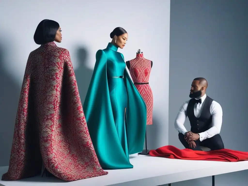 Diseñadores de moda creando juntos en un estudio inclusivo y lleno de color Diseñadores de moda colaboran en un estudio soleado, mostrando la unidad en la diversidad