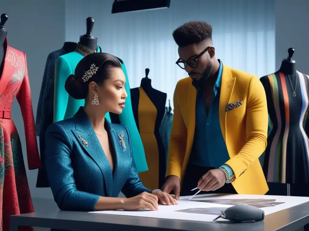 Diseñadores de moda creativos y diversos colaborando en un estudio vibrante Diseñadores de moda de diversas etnias colaborando en un estudio moderno y colorido