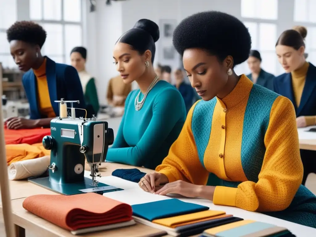 Diseñadores de moda ecofriendly: creatividad y sostenibilidad en equipo Diseñadores de moda de diferentes etnias y géneros colaborando en un estudio luminoso y moderno, creando piezas éticas y sostenibles