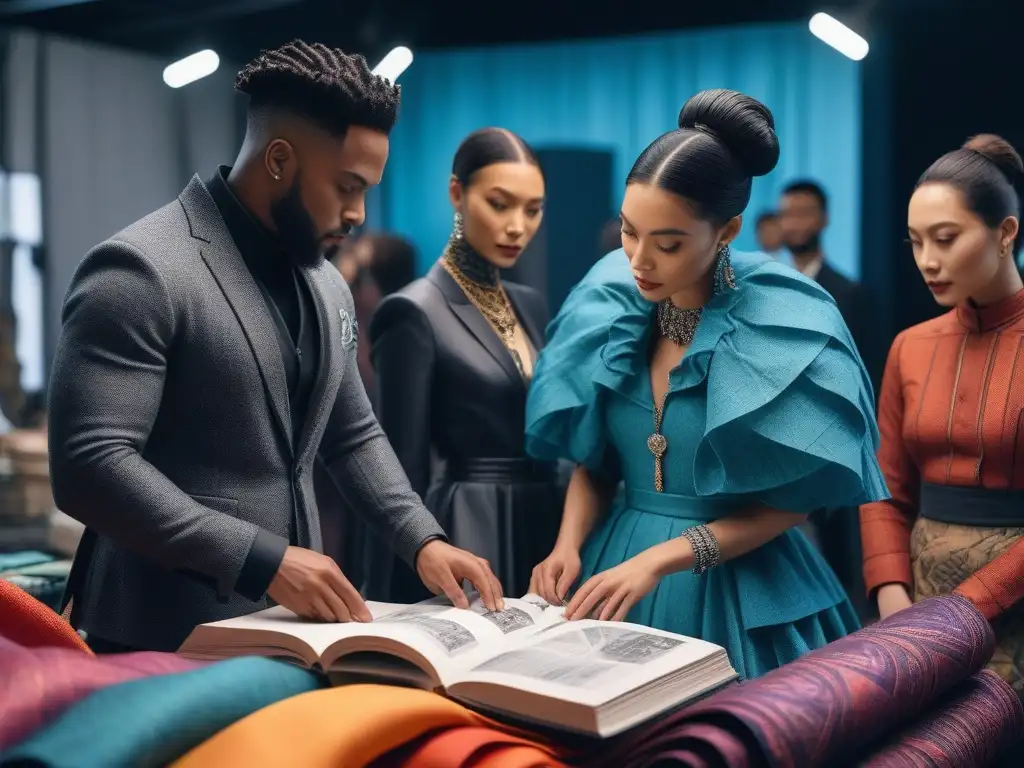 Diseñadores de moda eco-friendly en acción Diseñadores de moda de distintas etnias y géneros crean en un ambiente vibrante con textiles reciclados moda inclusiva