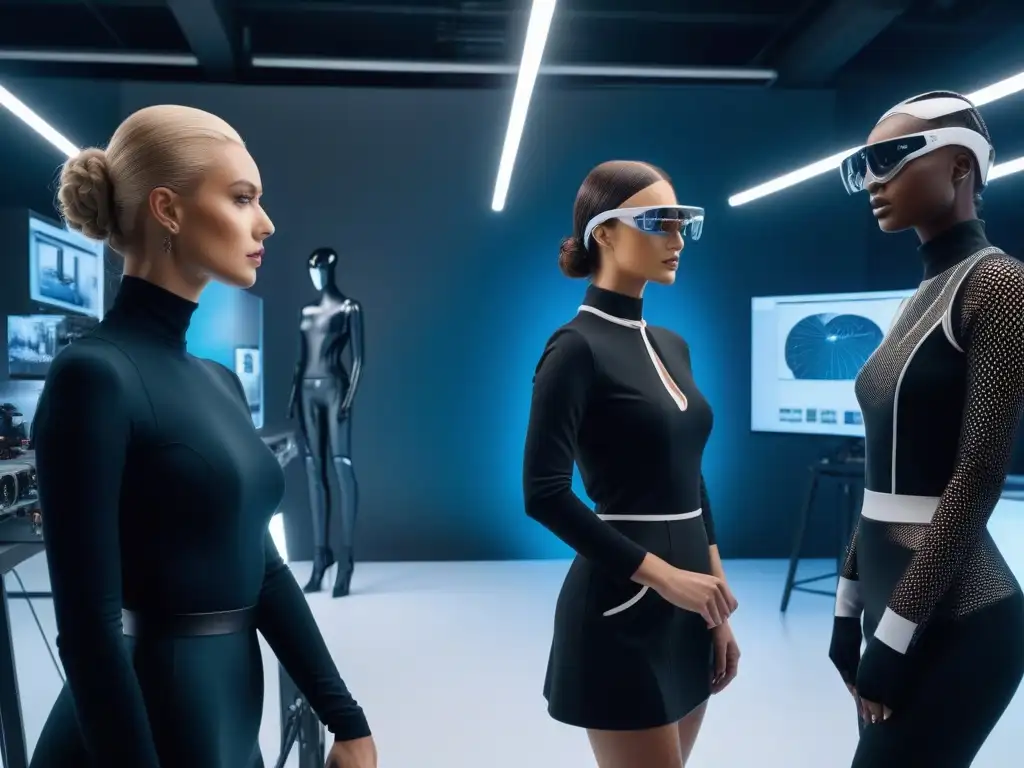 Diseñadores de moda innovando con tecnología de vanguardia Diseñadores de moda innovando con gadgets de alta gama en estudio moderno