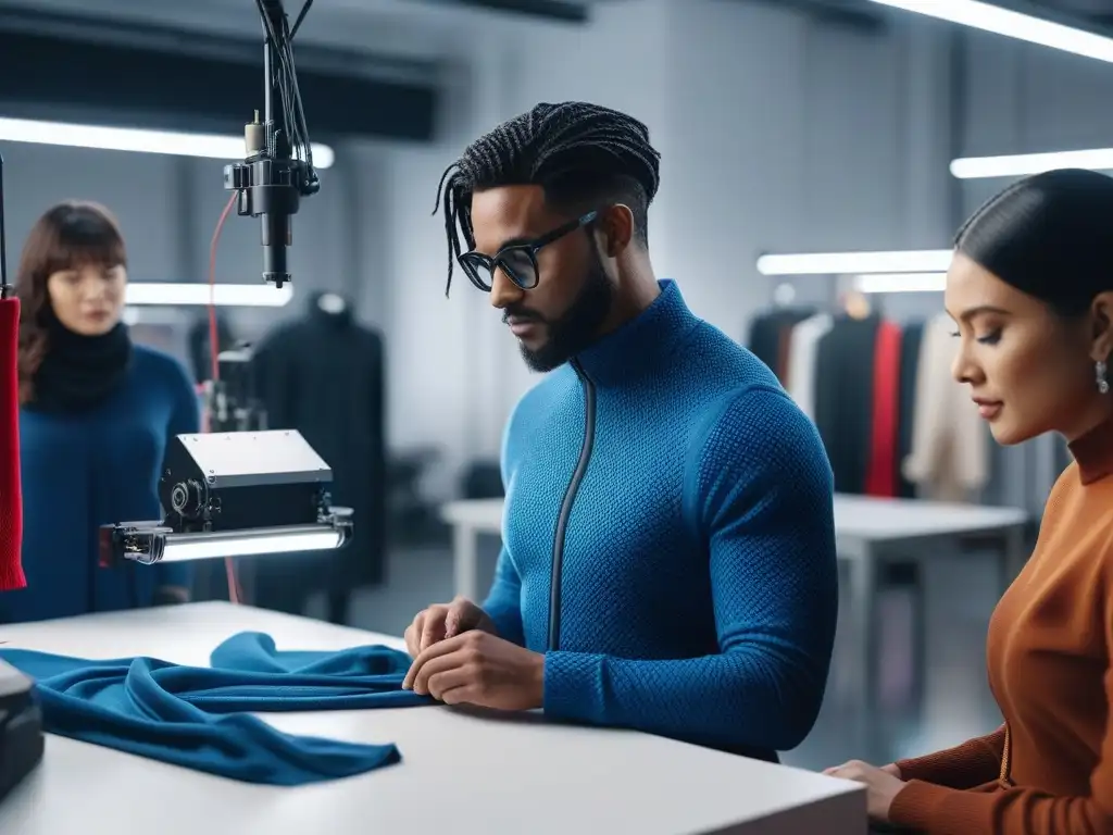 Diseñadores de moda inclusiva crean prendas únicas con impresión 3D Diseñadores de moda inclusiva e impresión 3D creando juntos piezas únicas y coloridas en un ambiente colaborativo y futurista