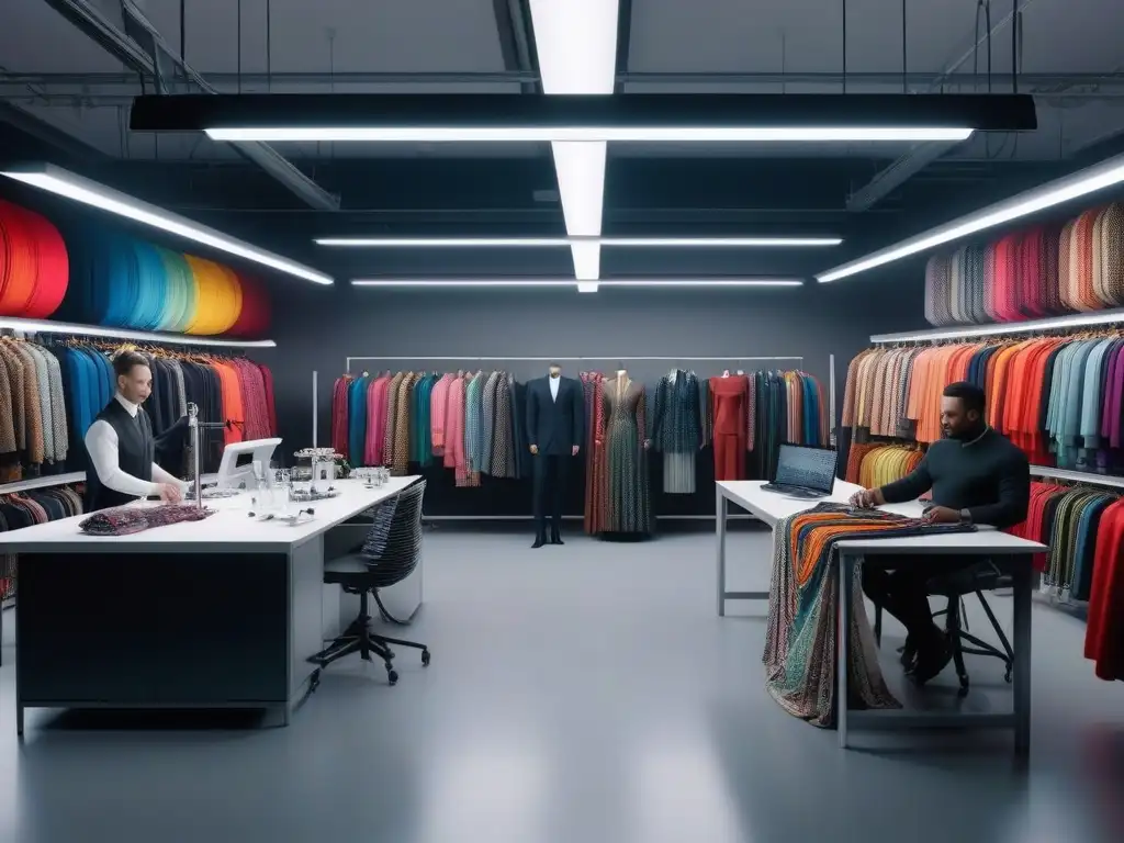 Estudio de diseño inclusivo: creatividad y colaboración en moda innovadora Diversos diseñadores de moda trabajan juntos en un estudio con tejidos innovadores moda inclusiva
