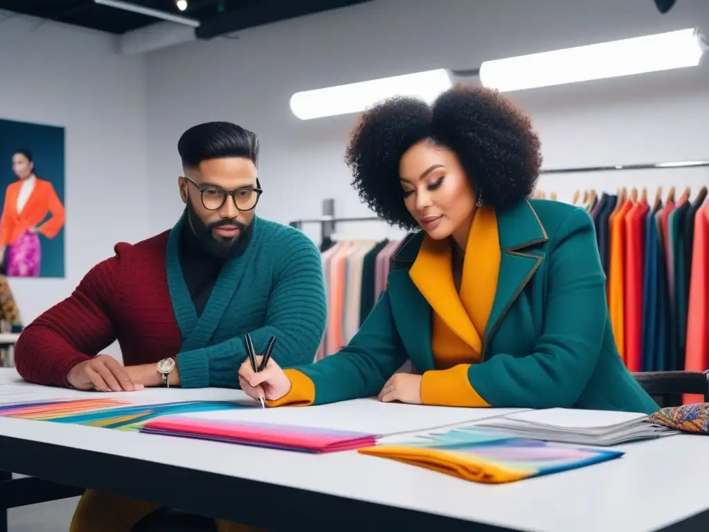 Equipo diverso de diseñadores de moda creando juntos en estudio vibrante Diseñadores de moda diversos trabajan juntos en un estudio luminoso y colaborativo, mostrando certificación OEKOTEX moda inclusiva
