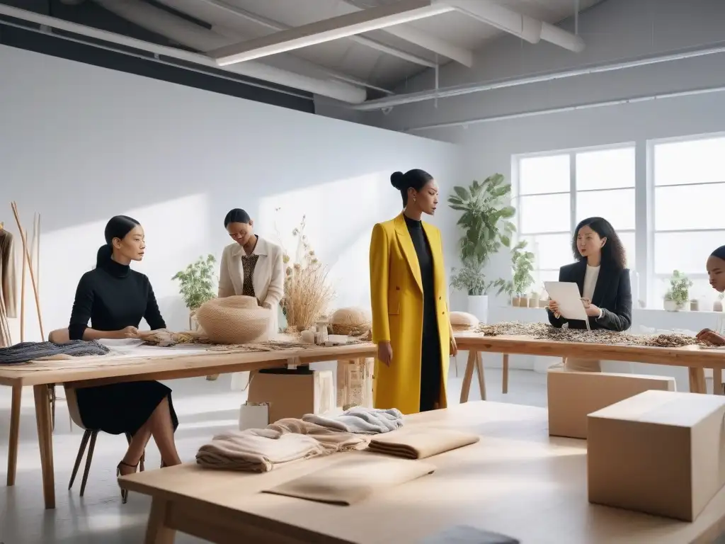 Diseñadores de moda creativos y sostenibles en estudio innovador Diseñadores de moda trabajando juntos en un estudio moderno con materiales sostenibles como algodón orgánico y tejidos reciclados