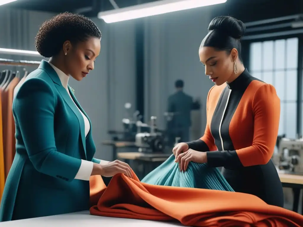 Diseñadores de moda crean juntos piezas sostenibles e inclusivas Diversos diseñadores de moda crean juntos piezas inclusivas y sostenibles en un estudio luminoso lleno de creatividad y unión