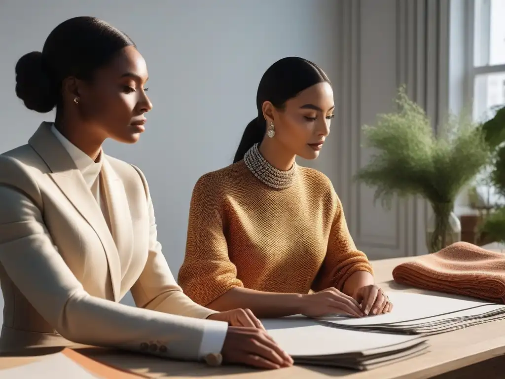 Diseñadores de moda sostenible: creatividad y colaboración en acción Diseñadores de moda trabajan juntos en prendas sostenibles en estudio luminoso, resaltando la importancia de certificaciones Fair Wear