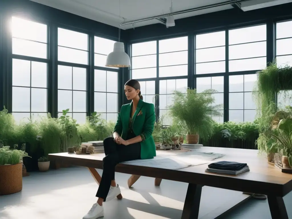 Diseñadores de moda sostenible crean en estudio luminoso Diversos diseñadores de moda colaboran en proyectos sostenibles en un estudio luminoso con plantas verdes