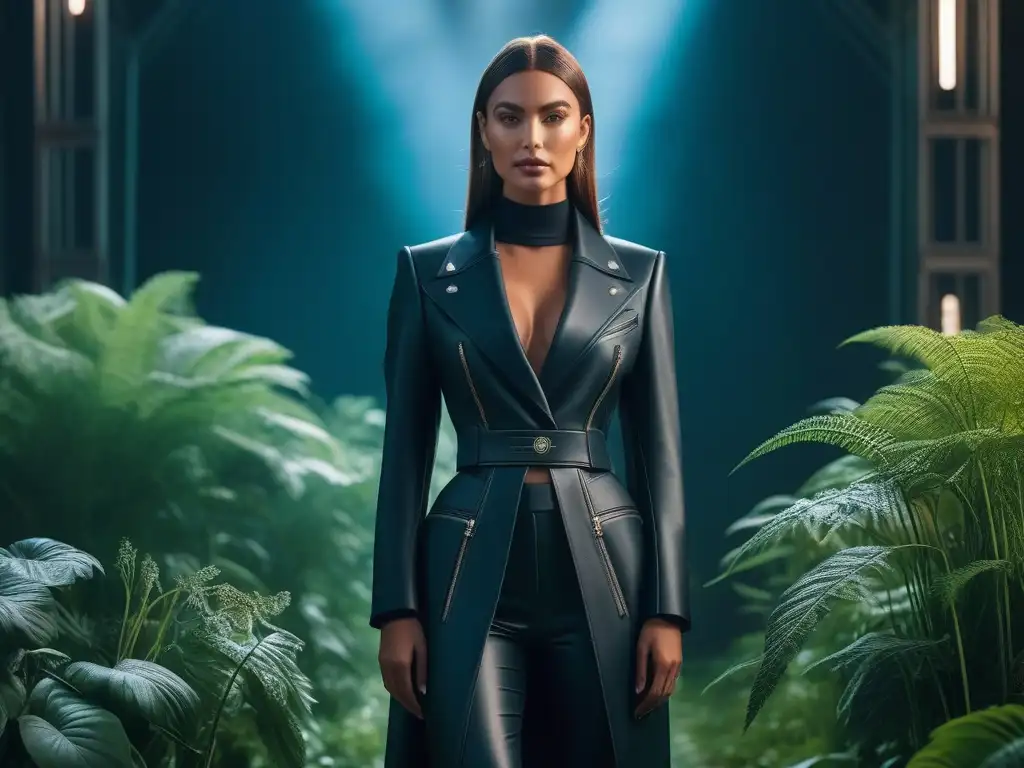 Diseñadores de moda colaborando en colección sostenible rodeados de plantas y materiales reciclados