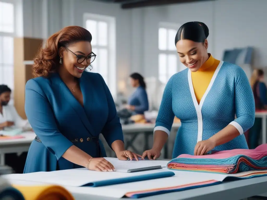 Diseñadores de moda plus size creando en estudio sostenible Diseñadores de moda tallas grandes en estudio luminoso, con producción sostenible
