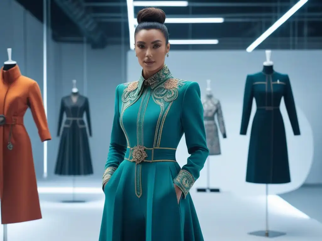 Diseñadores de moda innovadores en acción Diseñadores de moda crean textiles revolucionarios con nanotecnología en un ambiente colaborativo y futurista