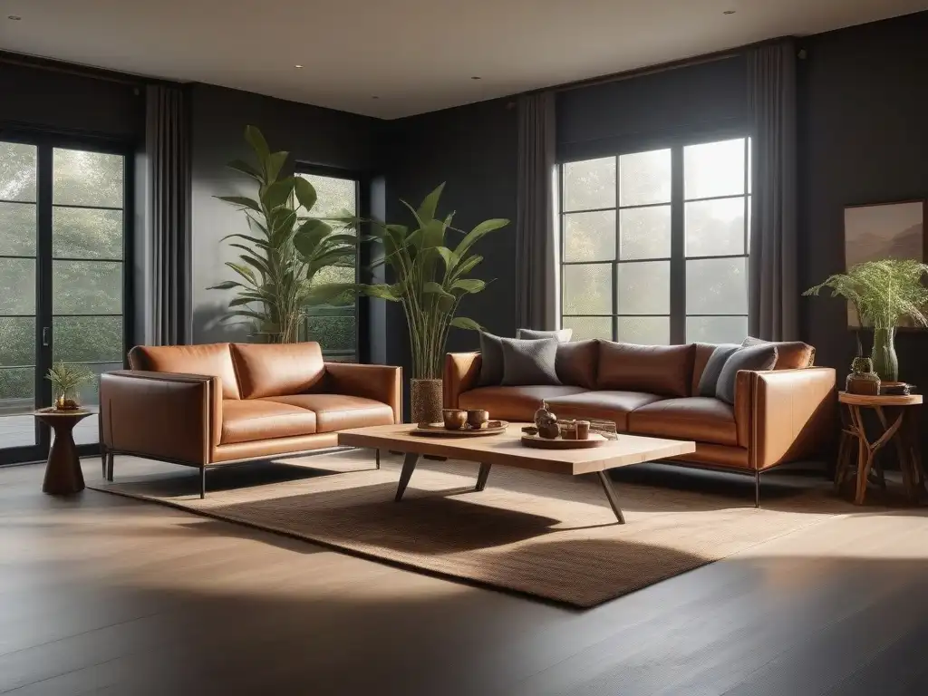 Salón moderno y ecológico con muebles sostenibles y diseño minimalista Diseño ecofriendly en hogar con mobiliario sostenible de bambú, madera reciclada y metal