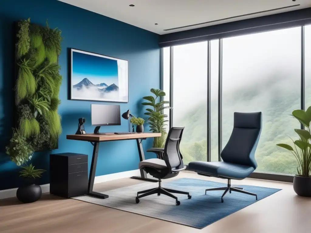 Oficina en casa ergonómica y moderna con toques naturales Diseño ergonómico y bienestar en hogar: sala minimalista con mobiliario moderno y arte de pared verde vibrante