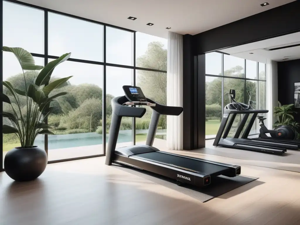 Gimnasio de lujo y sofisticado para entrenar en casa Diseño de gimnasio en casa con equipamiento de lujo y vista panorámica, elegancia y funcionalidad en un espacio aspiracional