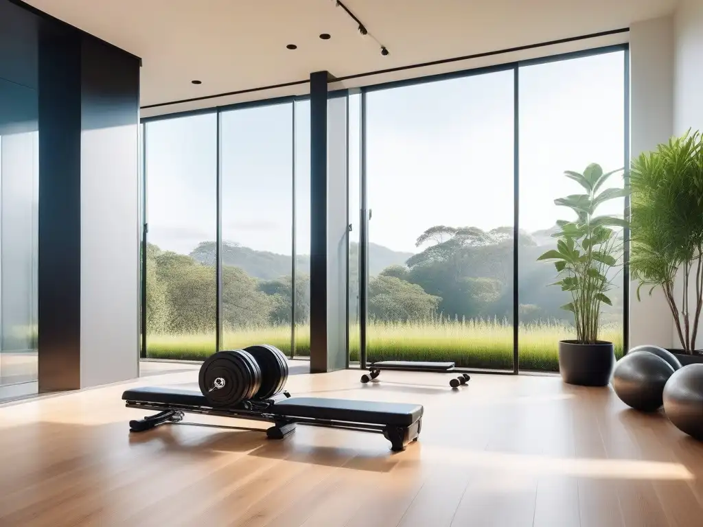 Estudio de gimnasio ecológico en casa con equipamiento moderno y sostenible Diseño de gimnasio ecoamigable en casa con equipamiento fitness ecoamigable hogar