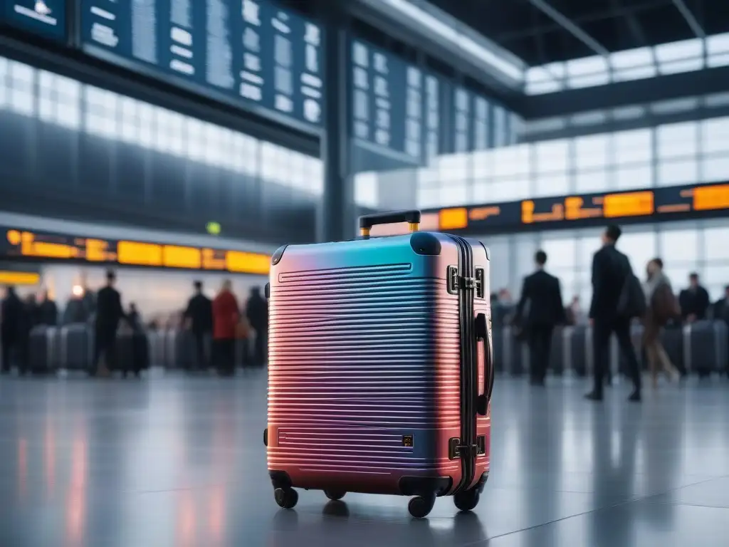 Maleta futurista con paneles LED personalizables, diversidad en viajes Diseño inclusivo en la moda: Maleta futurista de metal con paneles LED personalizables, transportada por viajeros diversos en un aeropuerto moderno