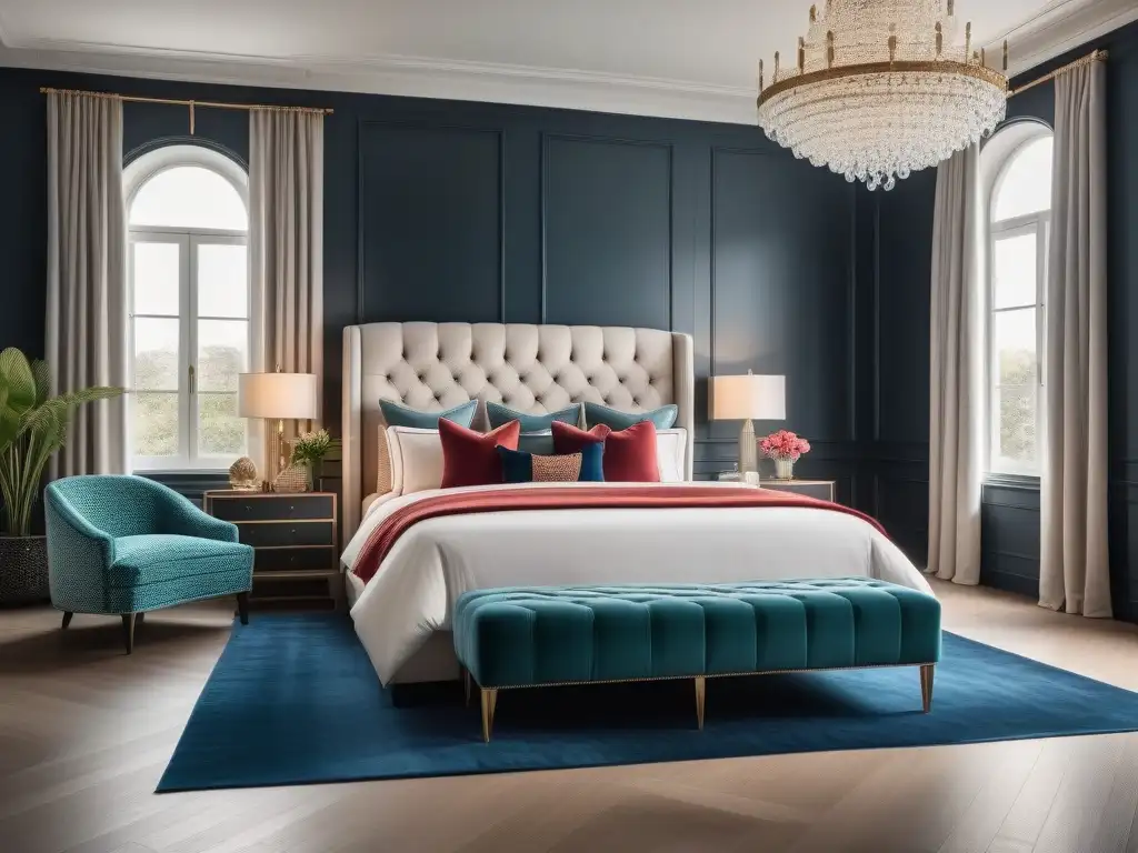 Dormitorio de lujo: diseño minimalista y elegante Diseño de lujo: Dormitorio moderno y elegante con mobiliario lujoso, cama tapizada y detalles metálicos