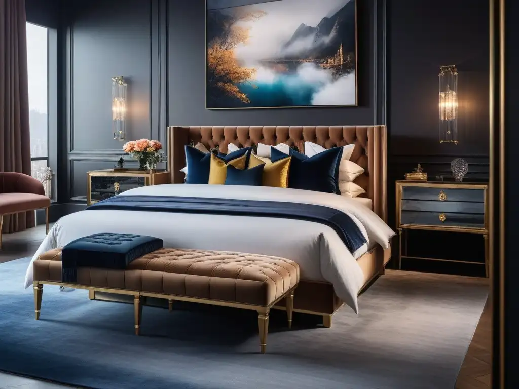 Diseño de dormitorio de lujo con muebles modernos y elegantes en 8k Diseño de lujo en un dormitorio moderno con mobiliario elegante y acogedor