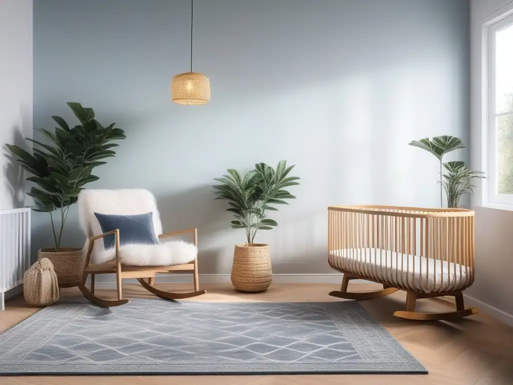 Habitación de bebé moderna y elegante con cuna y decoración pastel Diseño de mobiliario para embarazadas: Habitación de bebé elegante y acogedora con cuna, mecedora y detalles decorativos modernos en tonos suaves