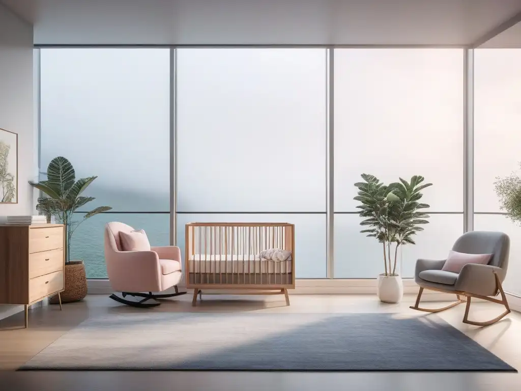 Modernidad y tranquilidad: habitación de bebé elegante en 8k Diseño de mobiliario para embarazadas: Habitación elegante y tranquila para bebé con detalles modernos y colores suaves, iluminada por luz natural