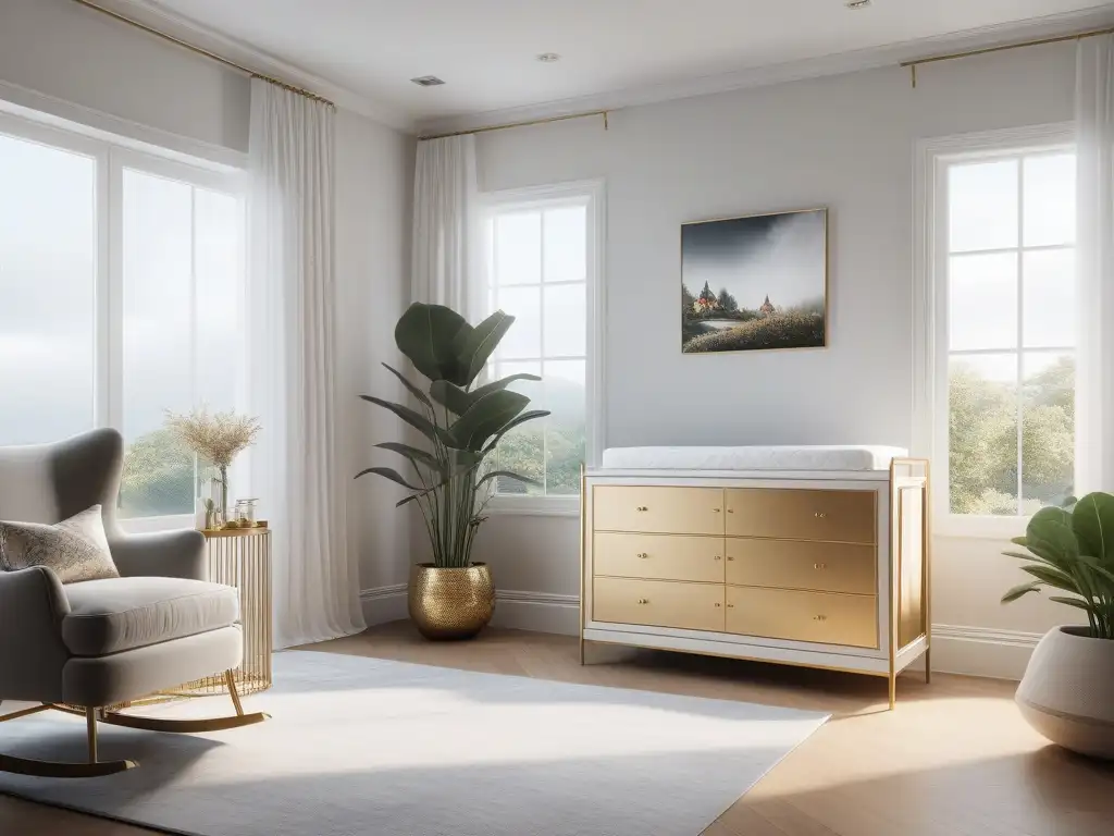 Modernidad y lujo: la habitación perfecta para futuras mamás Diseño de mobiliario para embarazadas: una lujosa y moderna guardería con detalles dorados, muebles elegantes y una atmósfera serena