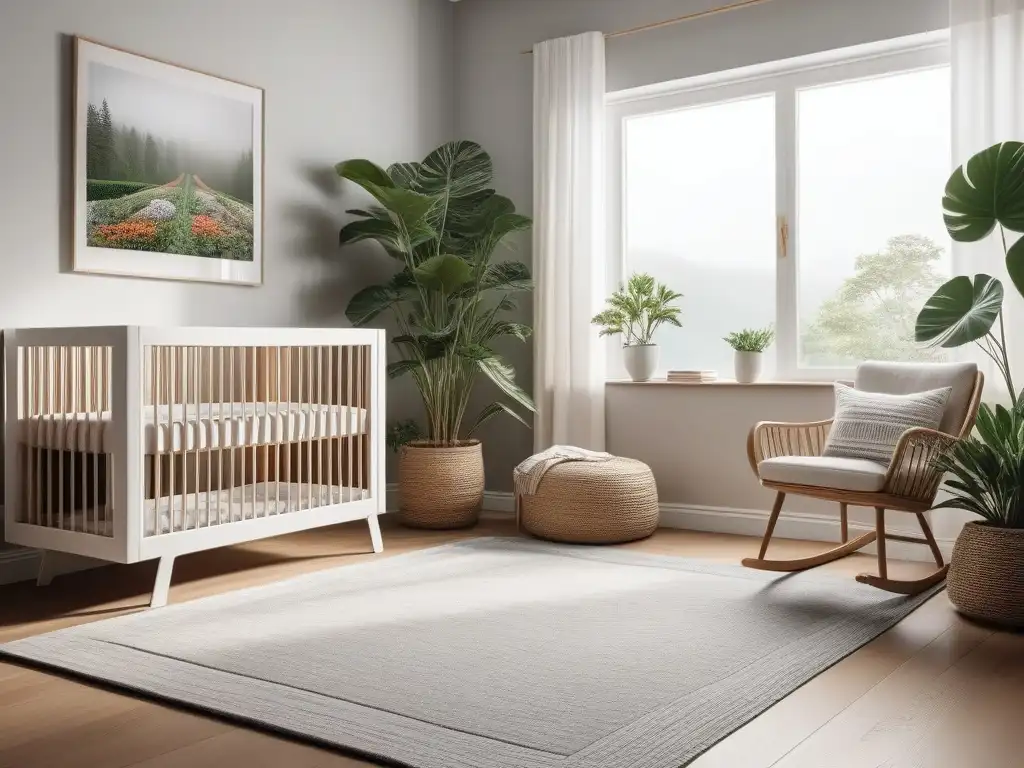 Moderna habitación de bebé en 8k con diseño sereno para mamás embarazadas Diseño de mobiliario para embarazadas en una moderna y serena habitación de bebé con cuna, mecedora y cambiador