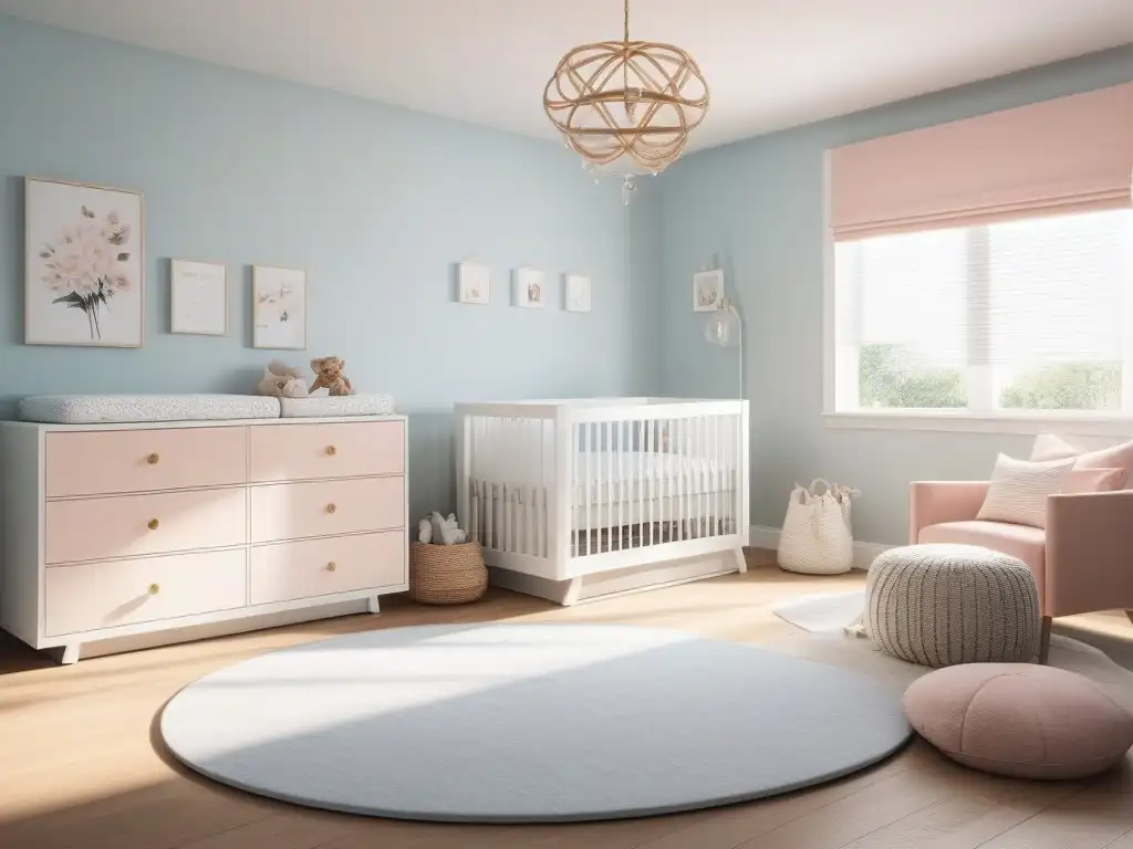 Moderna habitación de bebé: diseño elegante y funcional para mamás Diseño de mobiliario para embarazadas en una moderna habitación de bebé con colores suaves y muebles minimalistas elegantes