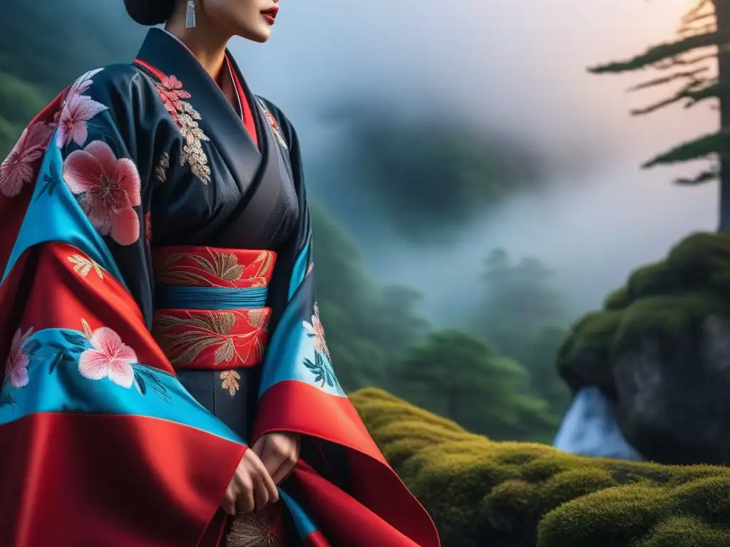 Kimono bordado fusiona diseño oriental y occidental Diseño de moda inclusivo cultural: kimono bordado en maniquí fusionando motivos japoneses y siluetas occidentales